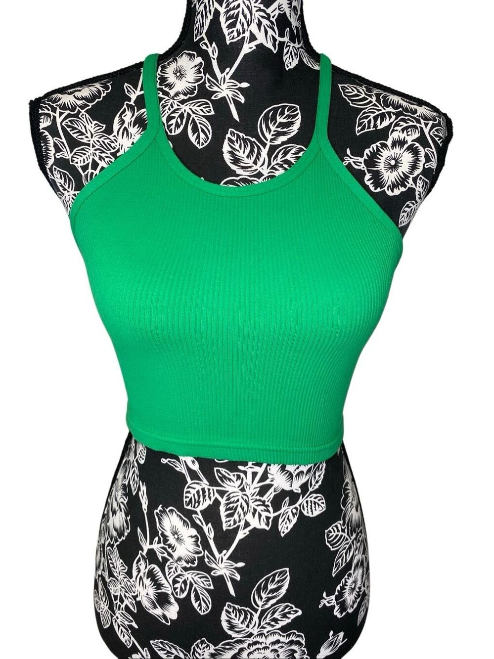 Green Ribbed Cropped Tank Top Sleeveless Stretch Racerback Casual Y2K Layering